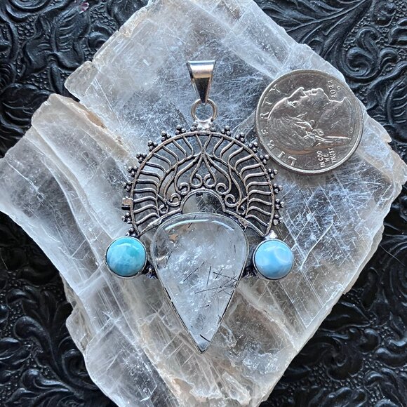 Larimar and Tourmalinated Quartz Boho Pendant - Picture 4 of 8